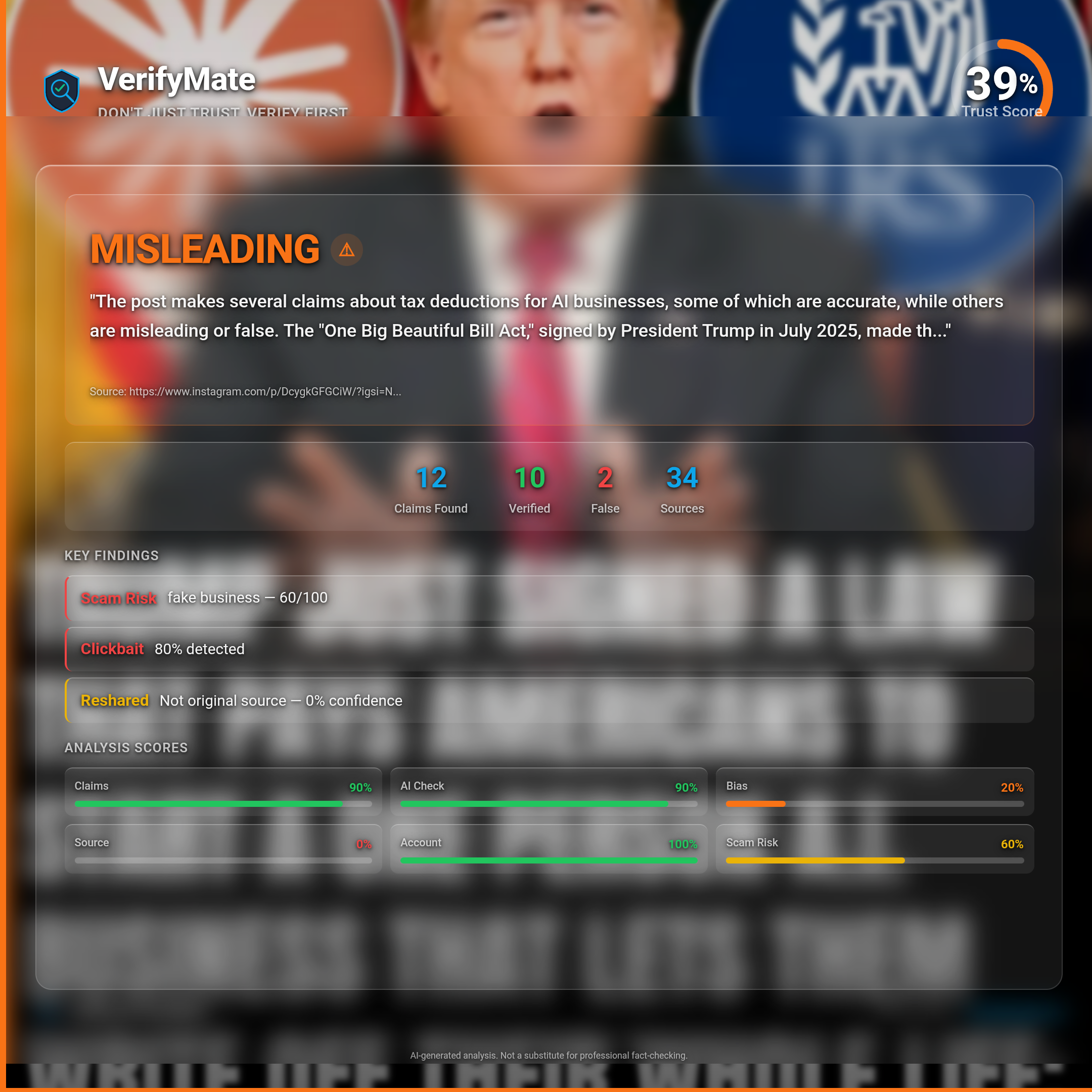 misleading verification card — Trust Score 39/100