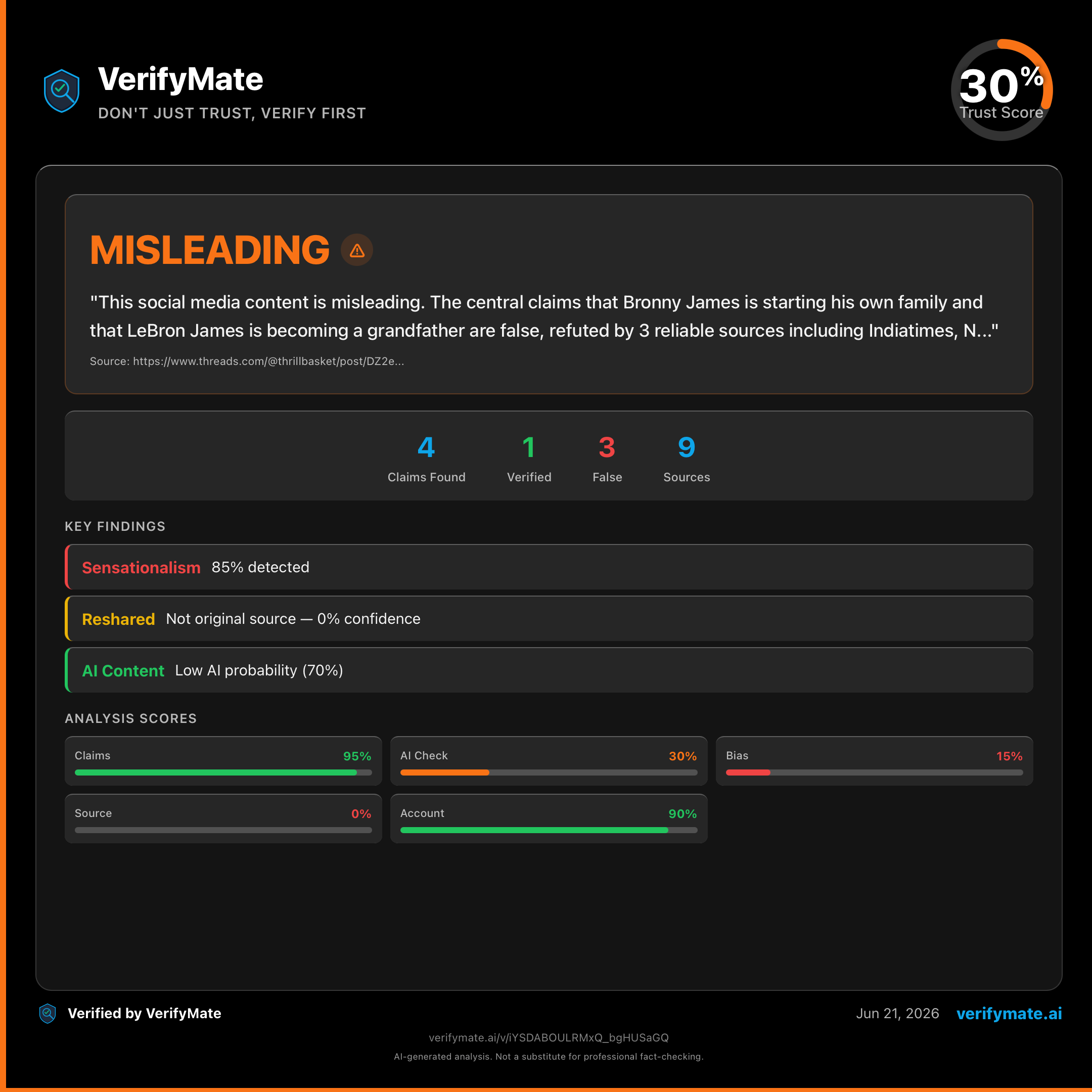 misleading verification card — Trust Score 30/100