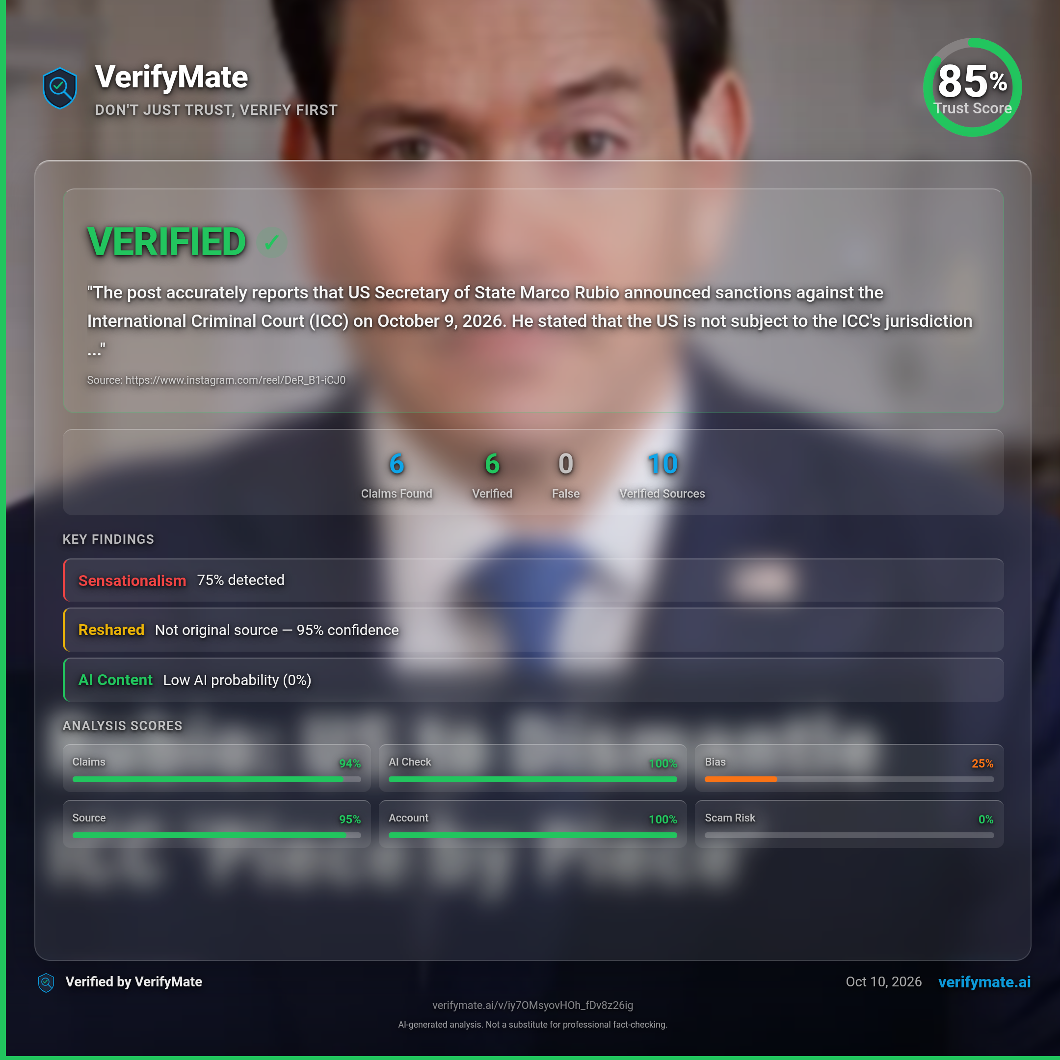 verified verification card — Trust Score 85/100
