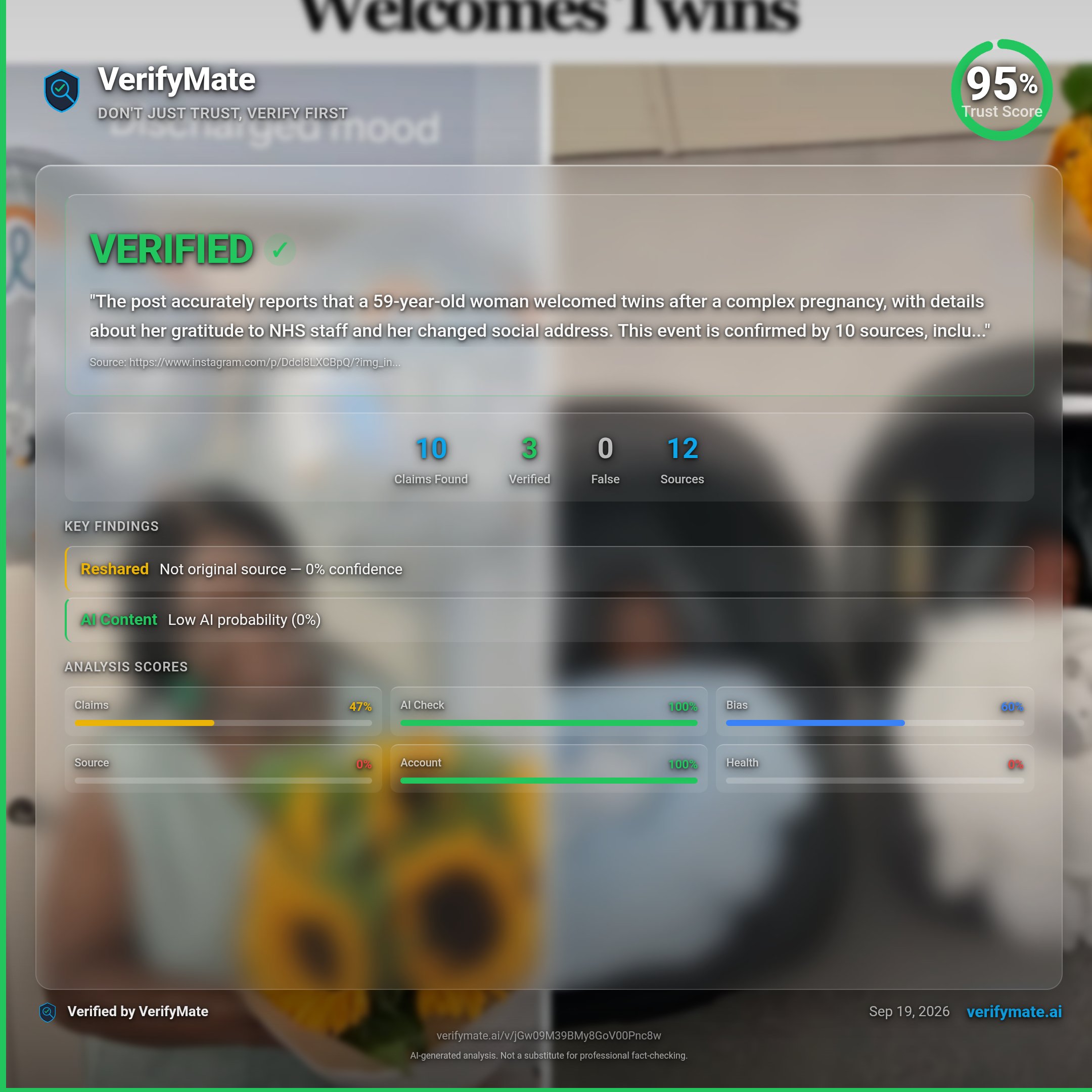 verified verification card — Trust Score 95/100