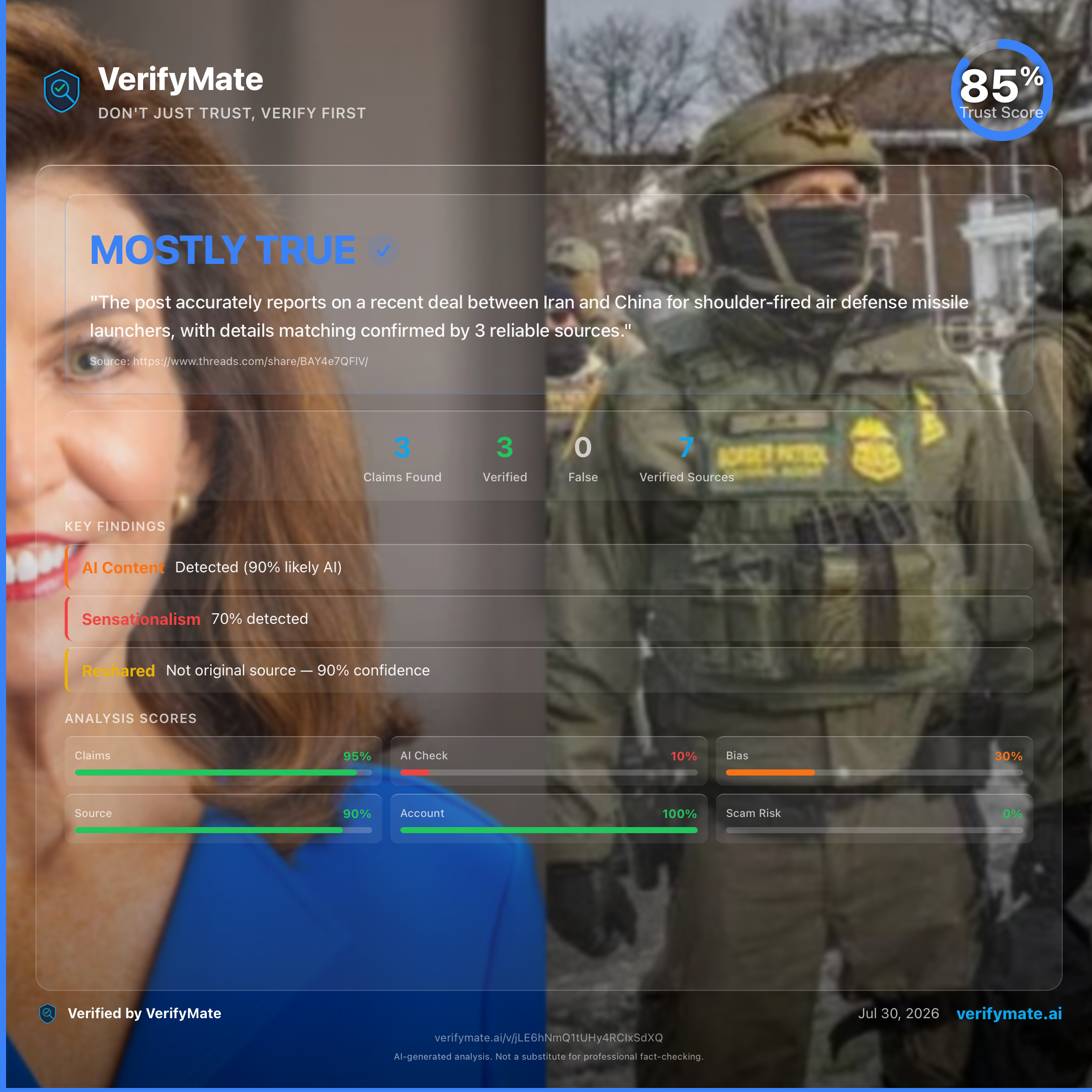 mostly true verification card — Trust Score 85/100