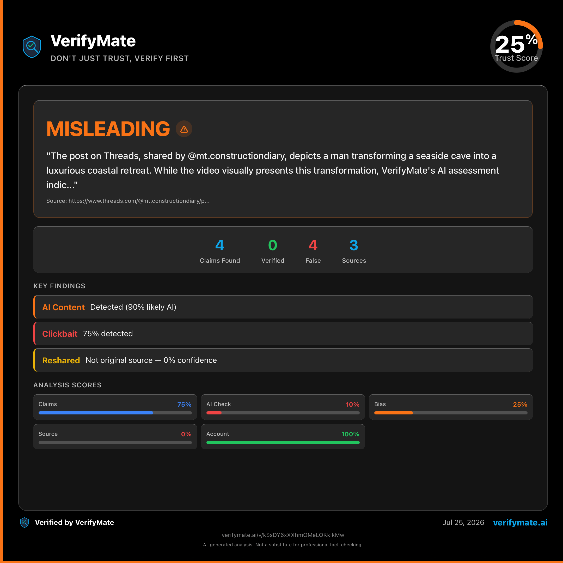misleading verification card — Trust Score 25/100