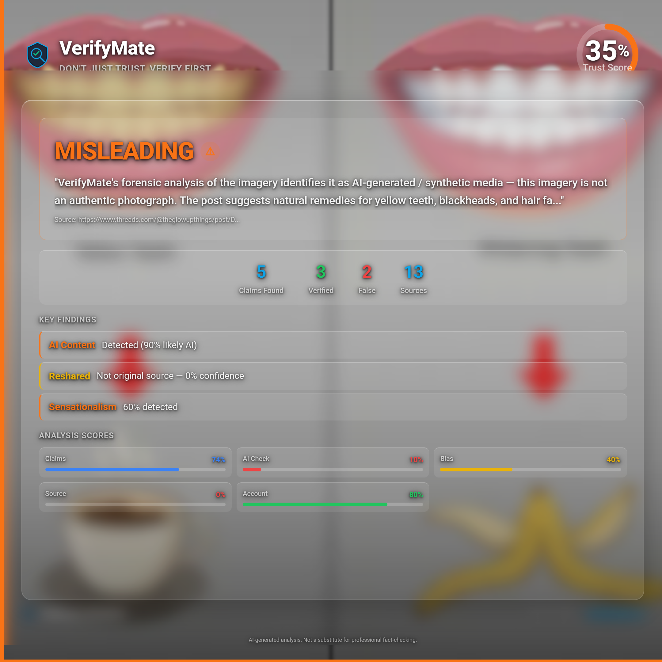 misleading verification card — Trust Score 35/100