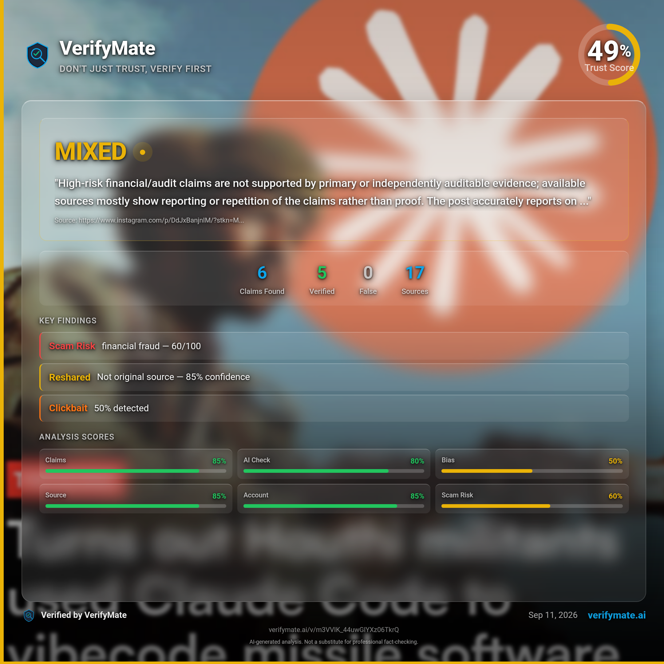 mixed verification card — Trust Score 49/100
