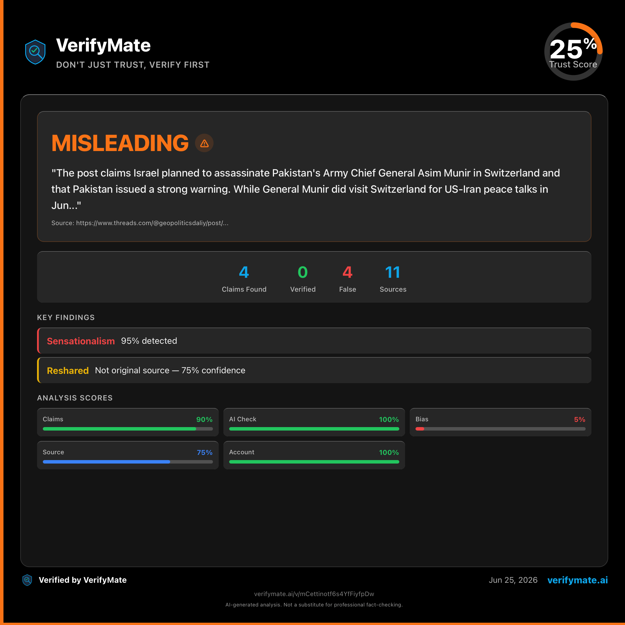 misleading verification card — Trust Score 25/100
