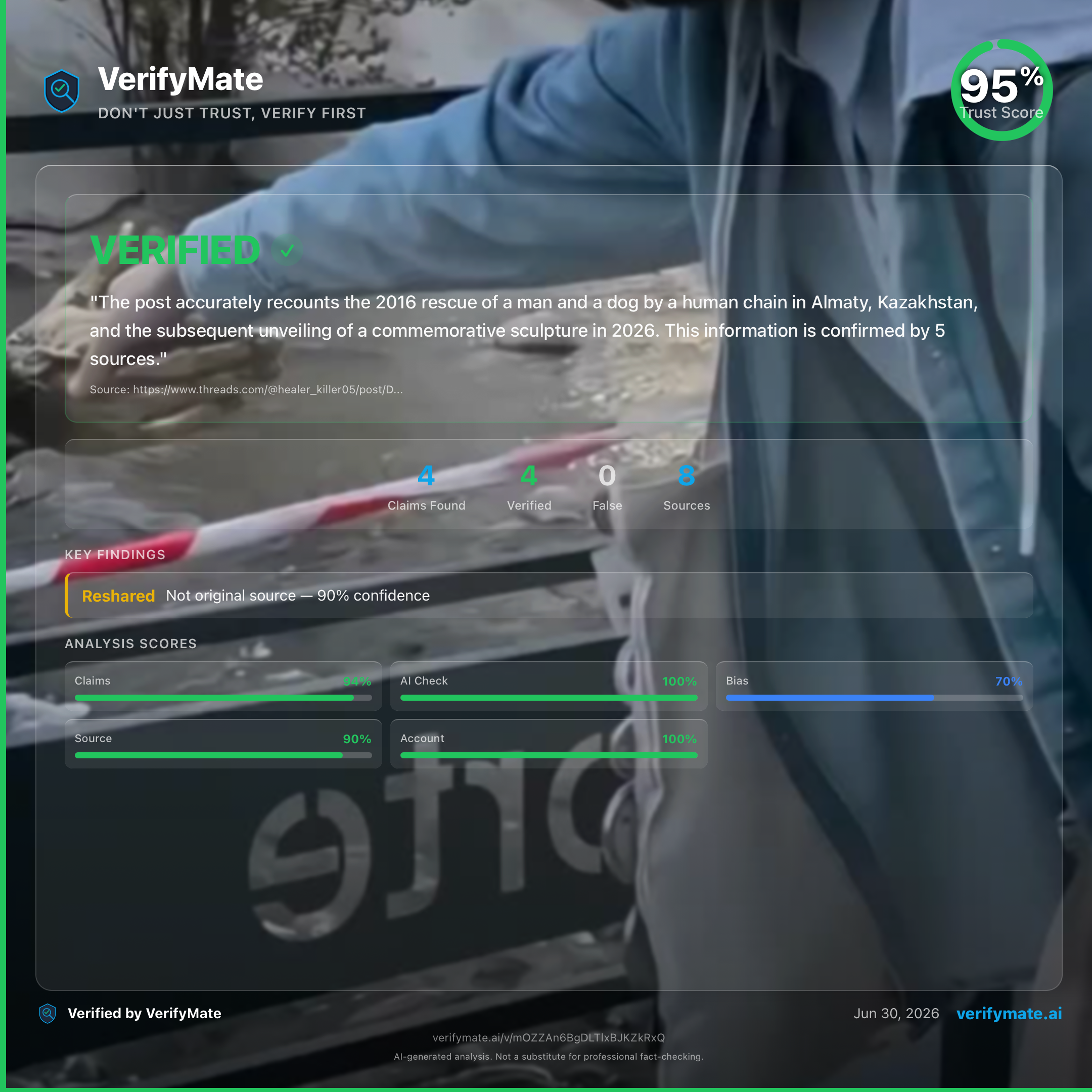 verified verification card — Trust Score 95/100