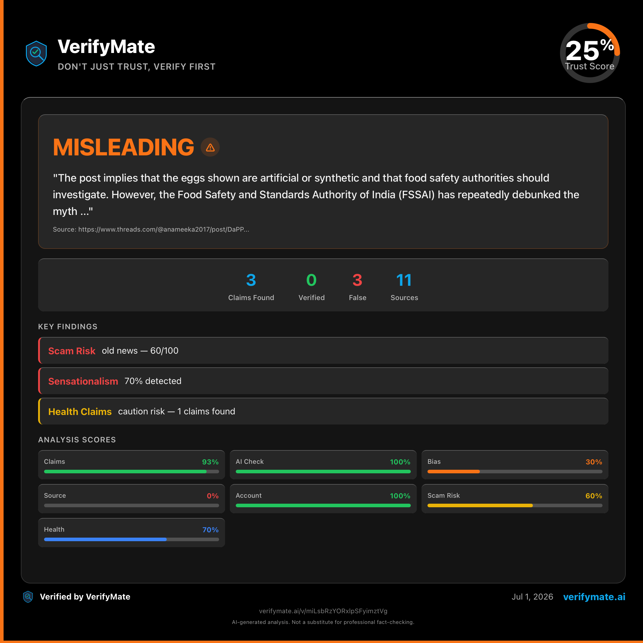 misleading verification card — Trust Score 25/100