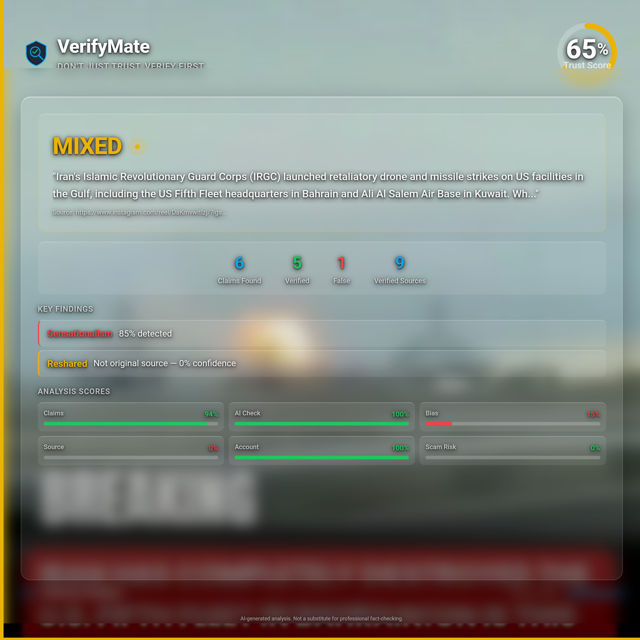 mixed verification card — Trust Score 65/100