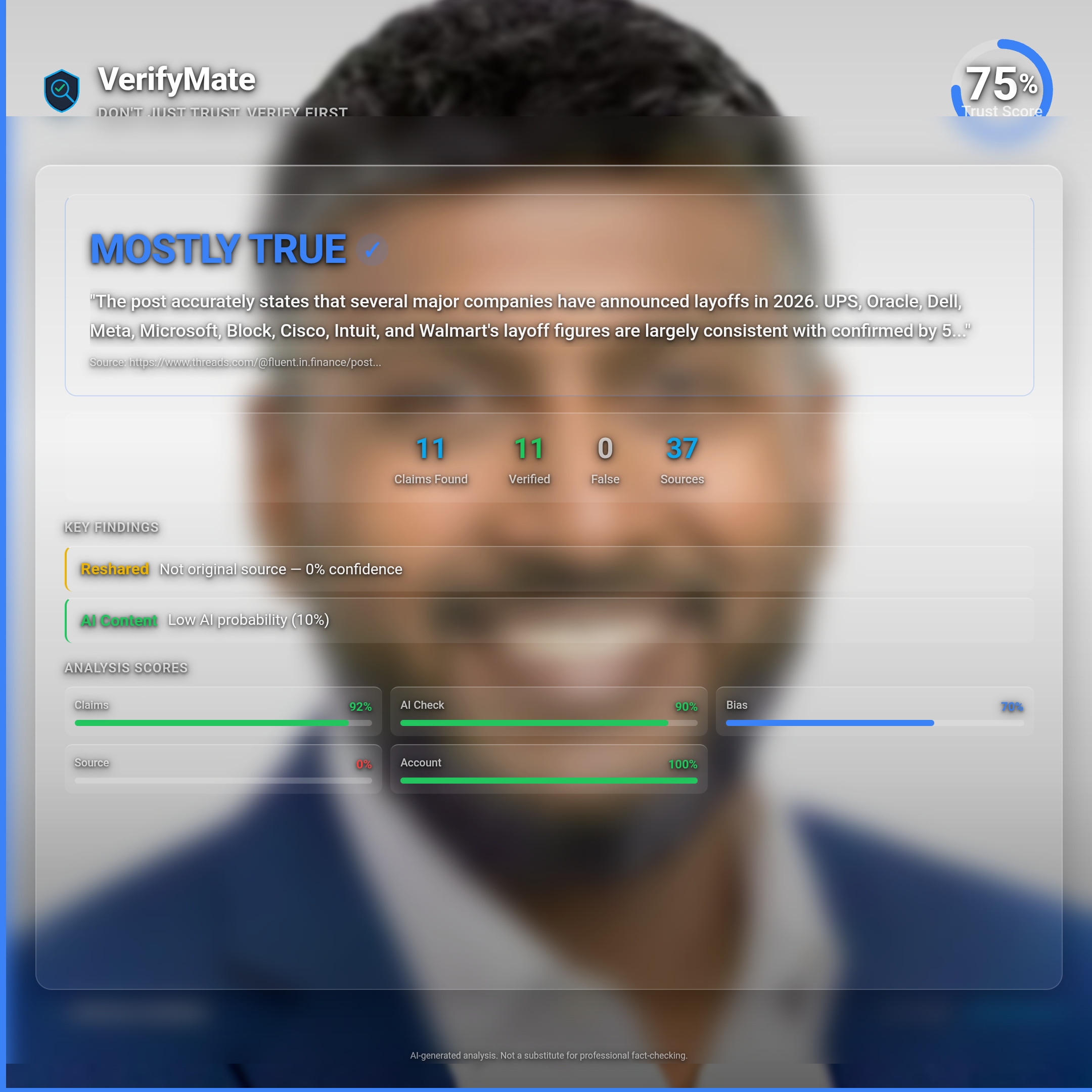 mostly true verification card — Trust Score 75/100