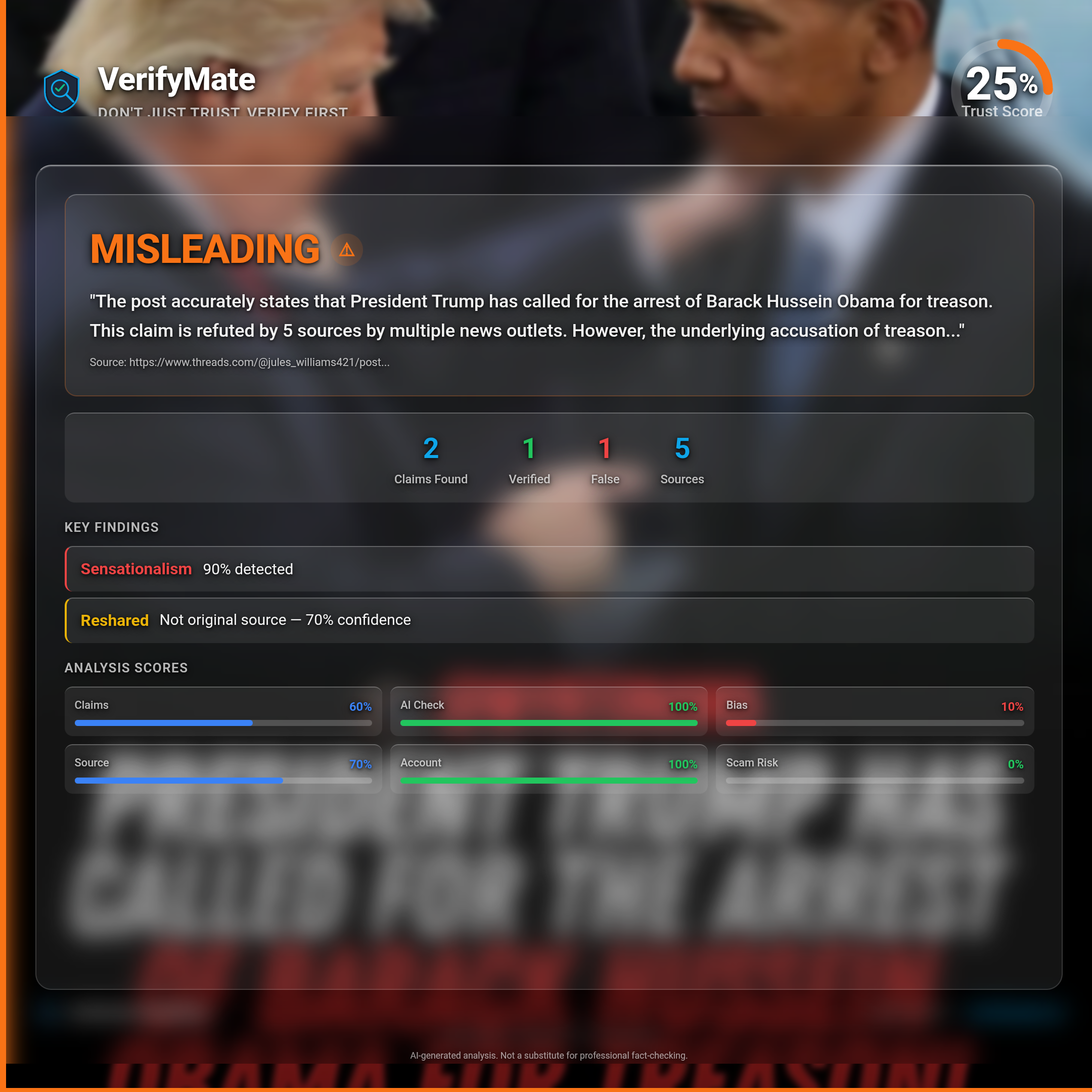 misleading verification card — Trust Score 25/100