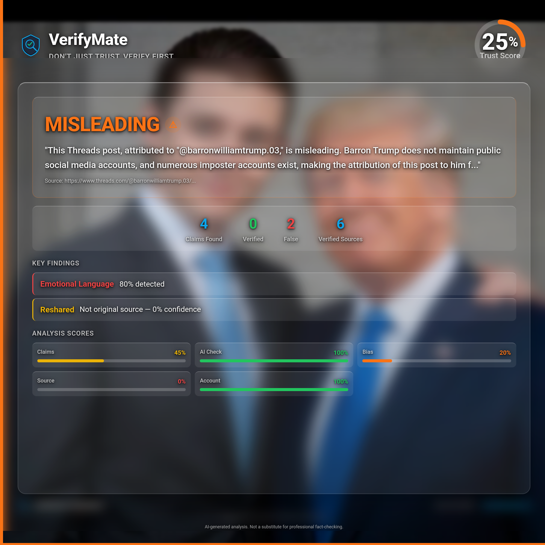 misleading verification card — Trust Score 25/100