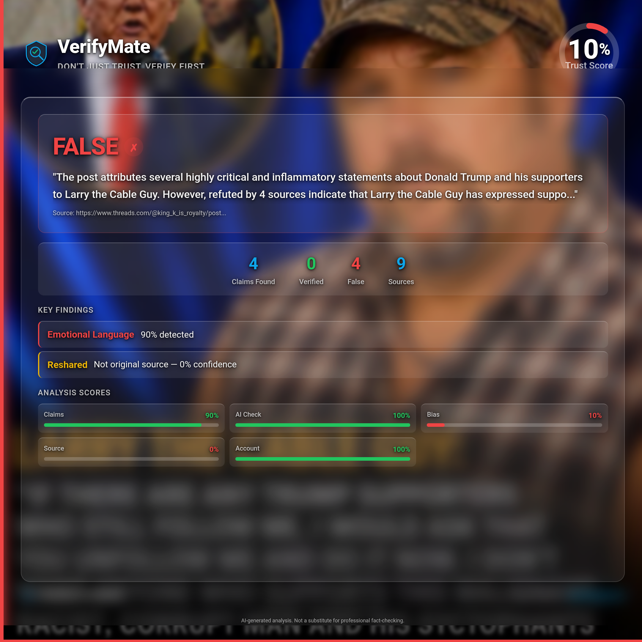 false verification card — Trust Score 10/100