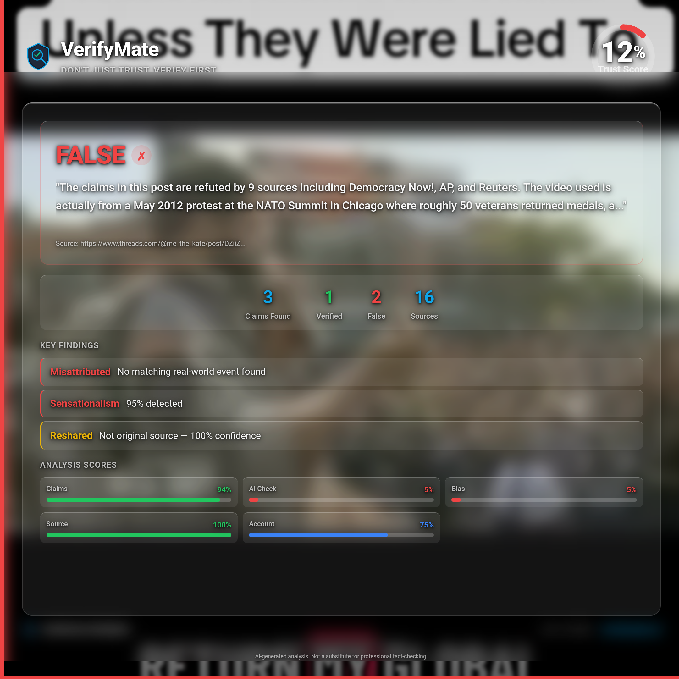 false verification card — Trust Score 12/100