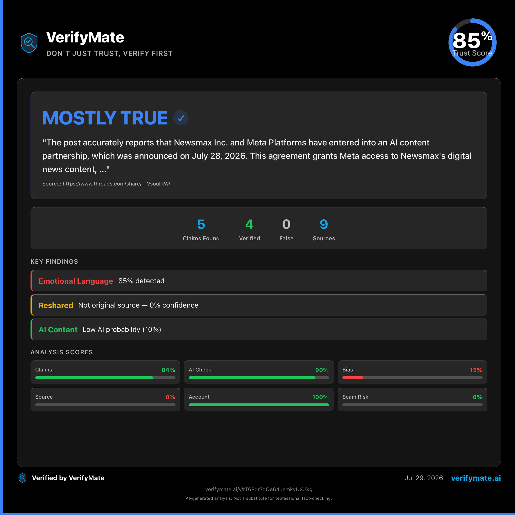 mostly true verification card — Trust Score 85/100