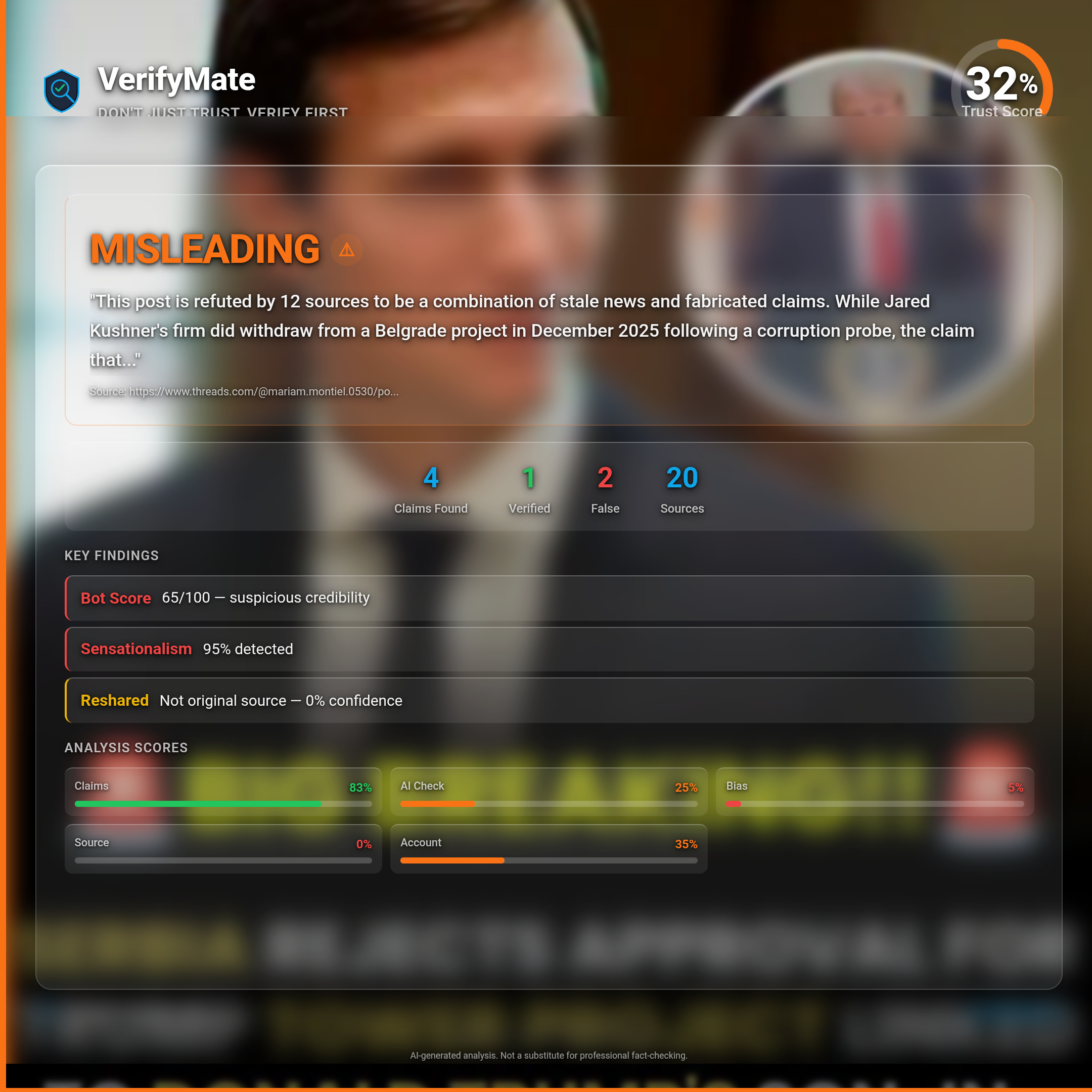 misleading verification card — Trust Score 32/100