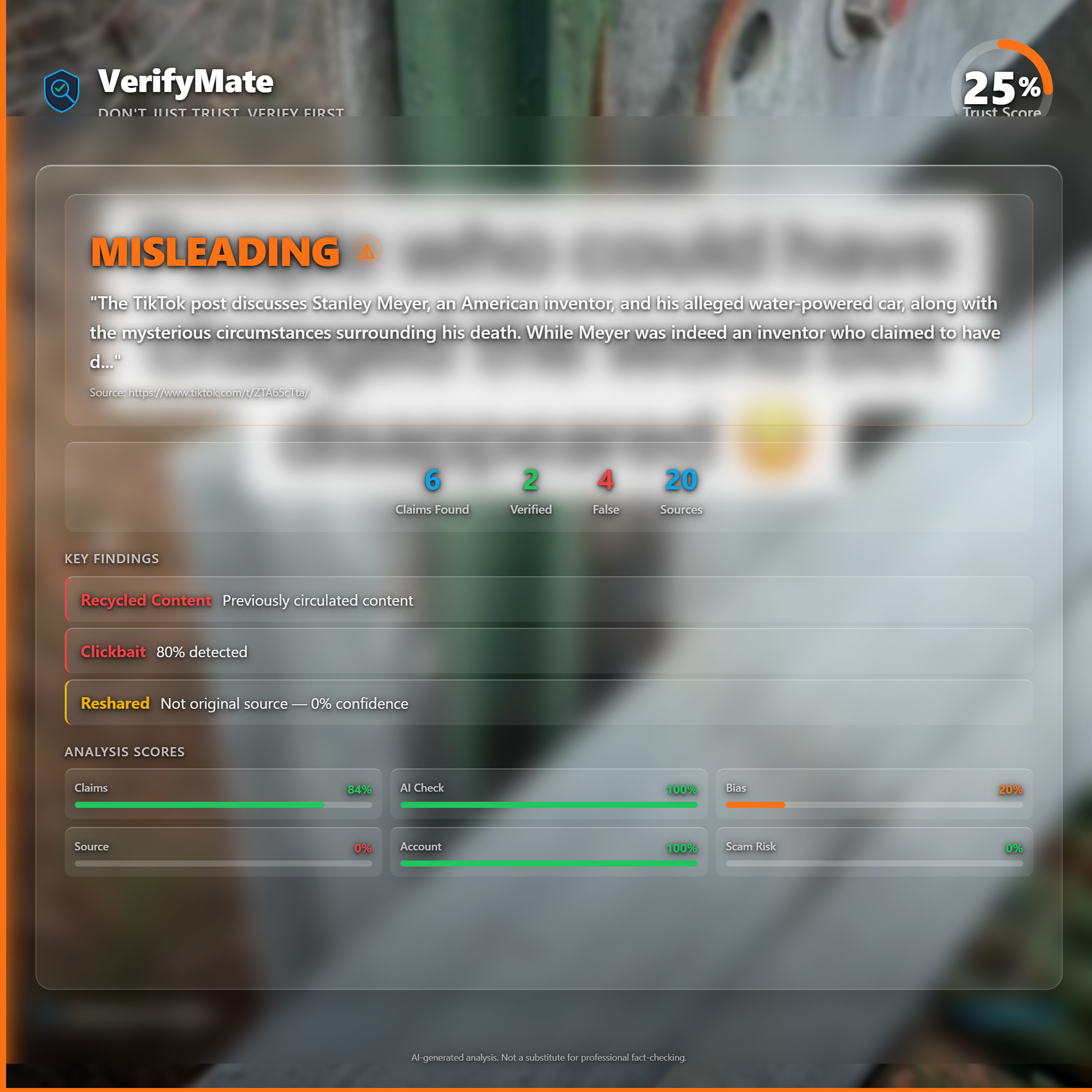 misleading verification card — Trust Score 25/100
