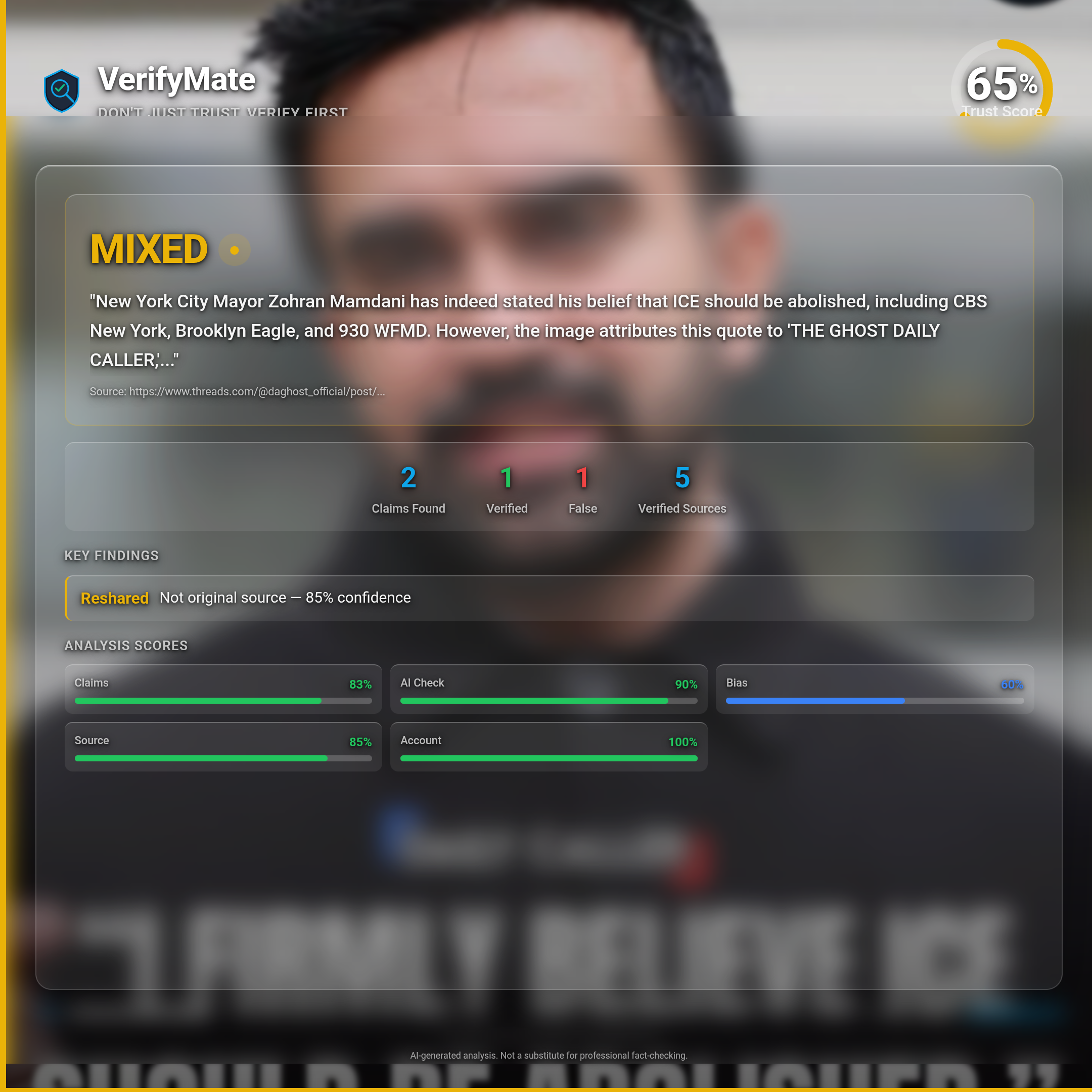 mixed verification card — Trust Score 65/100