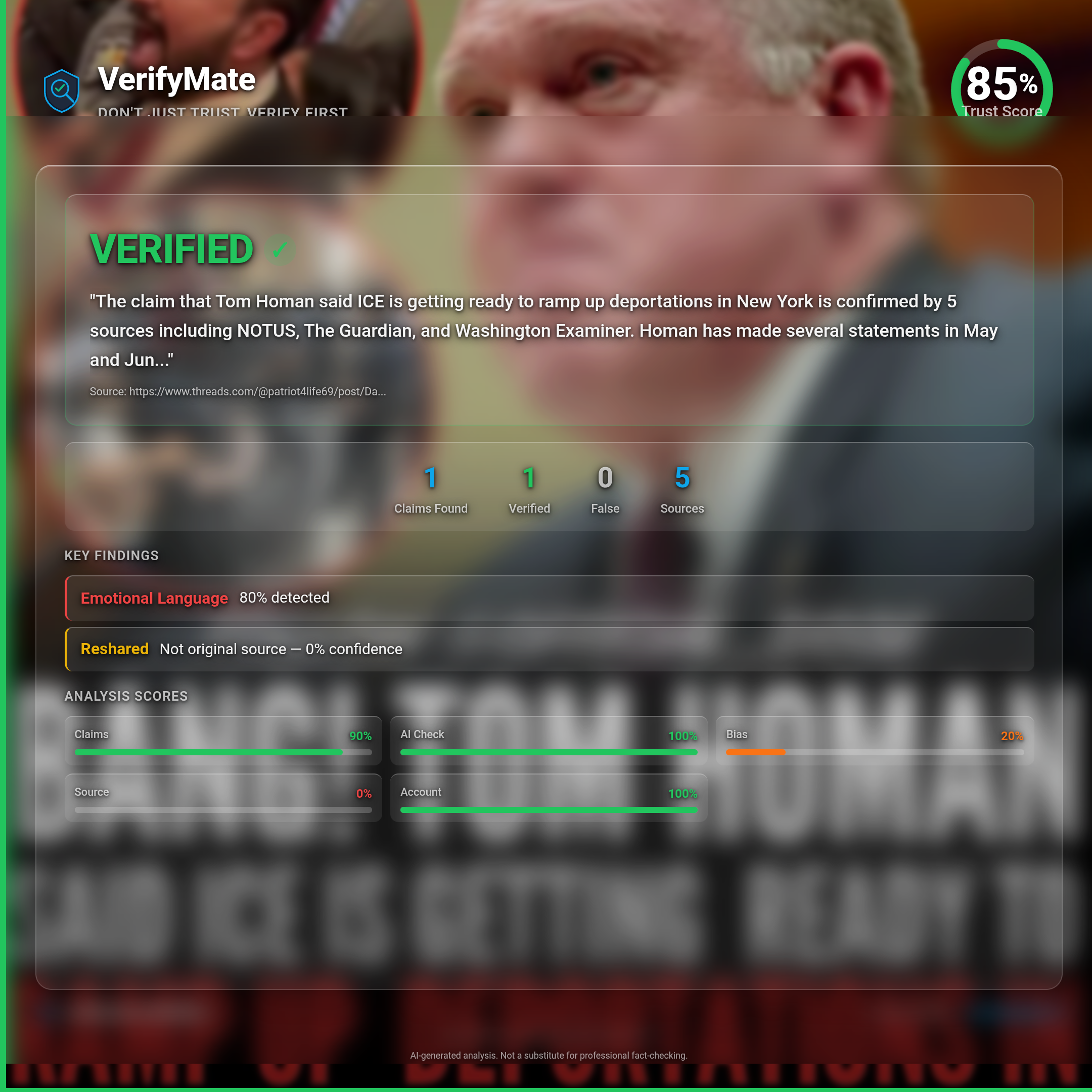 verified verification card — Trust Score 85/100