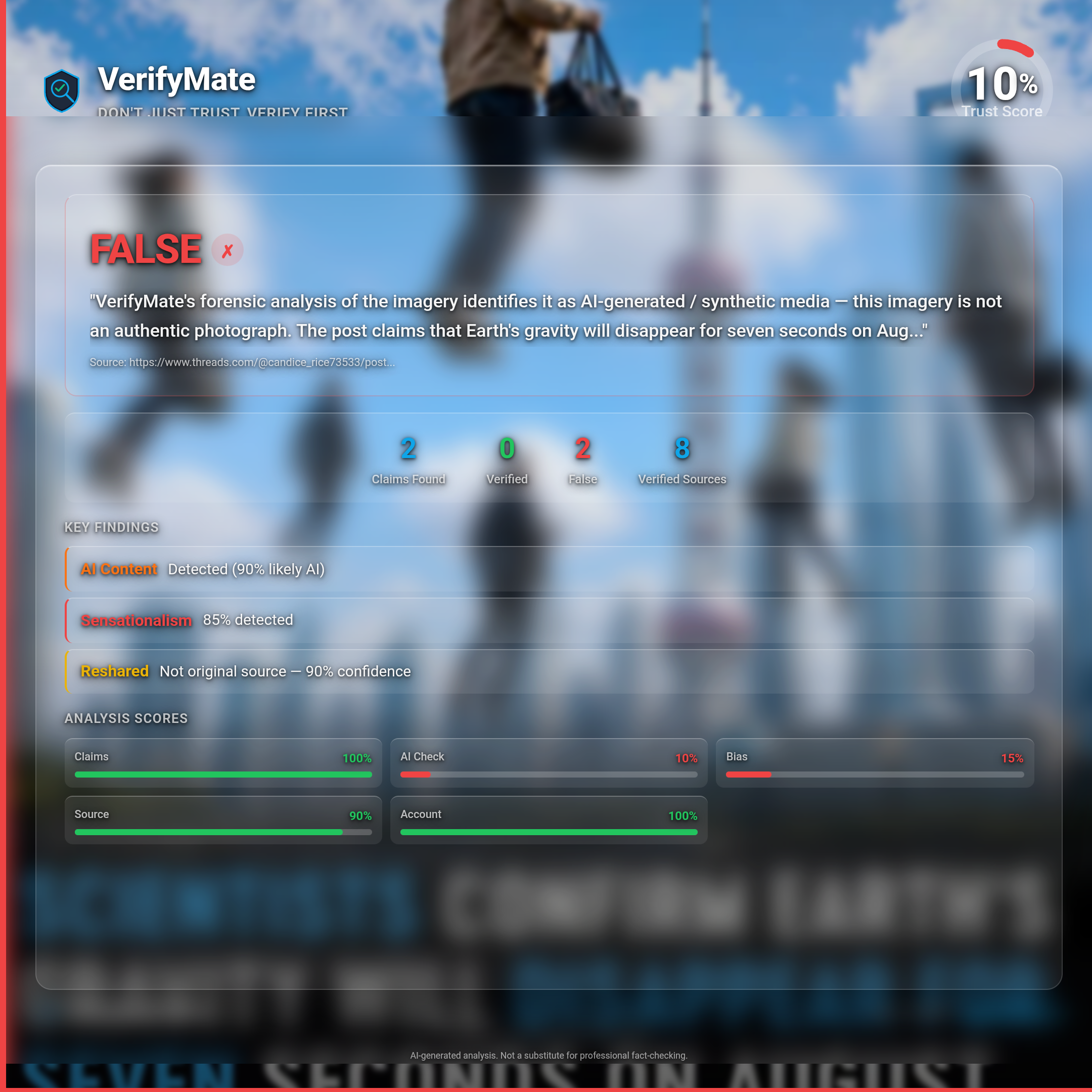 false verification card — Trust Score 10/100