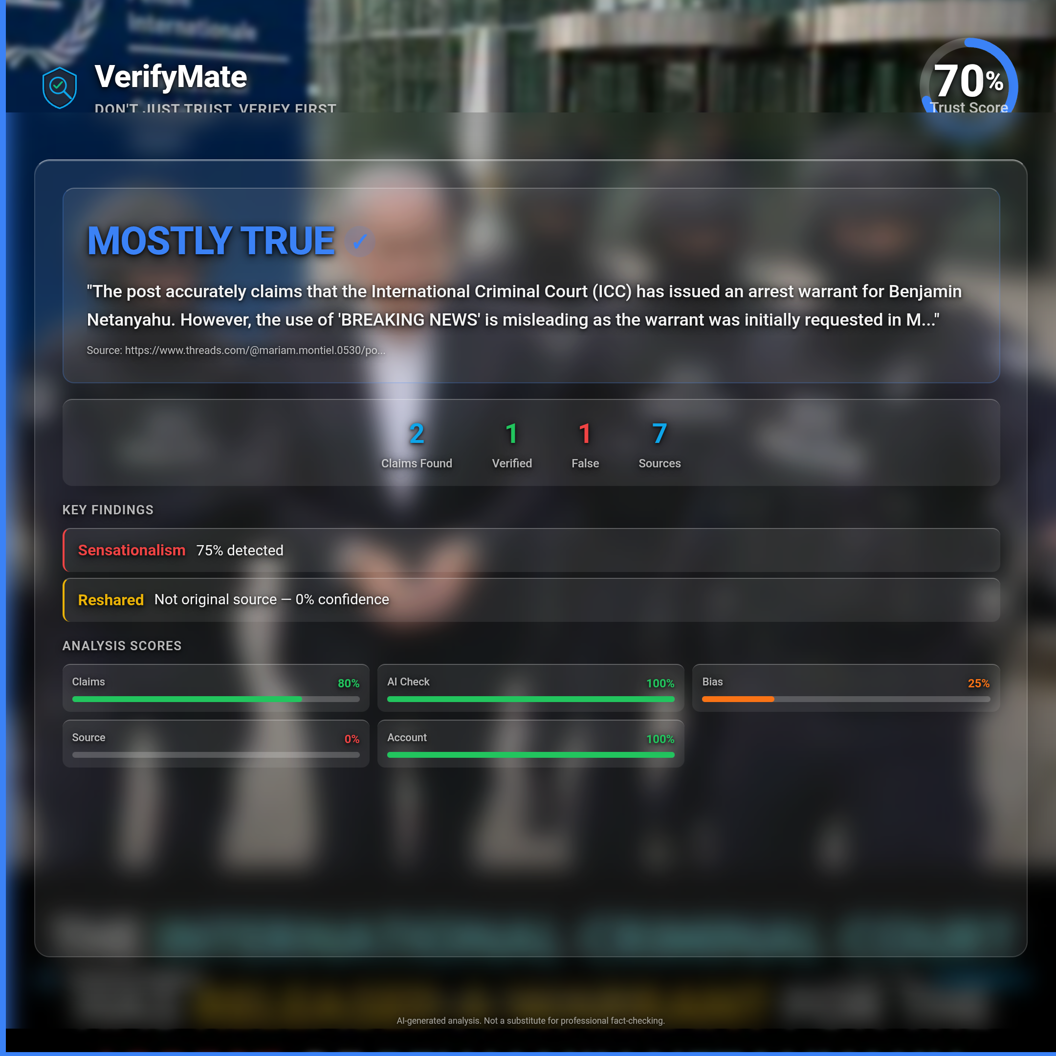 mostly true verification card — Trust Score 70/100