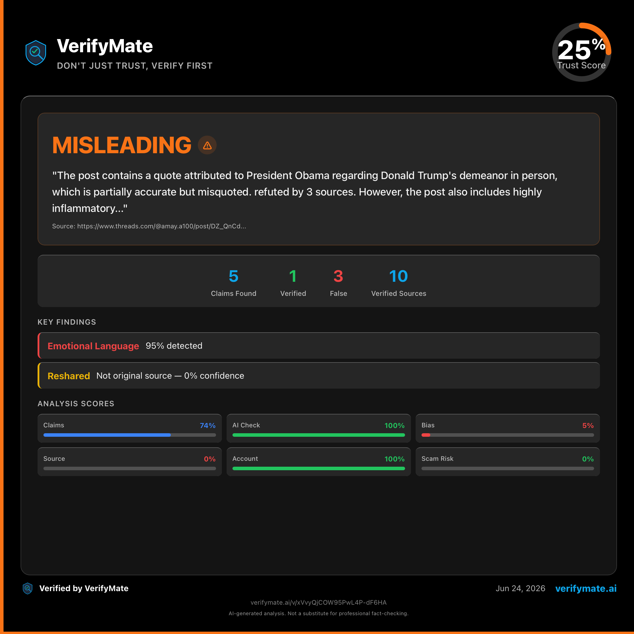 misleading verification card — Trust Score 25/100