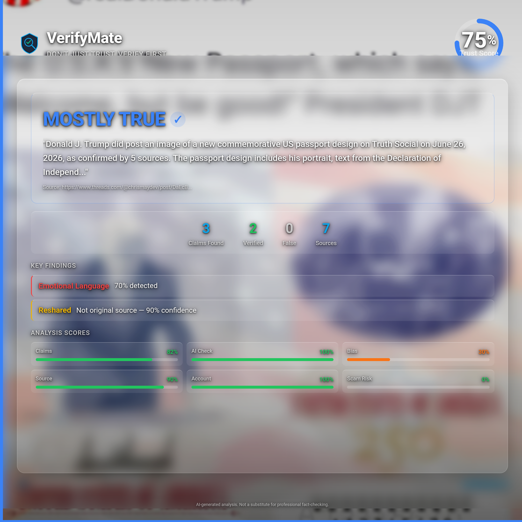 mostly true verification card — Trust Score 75/100